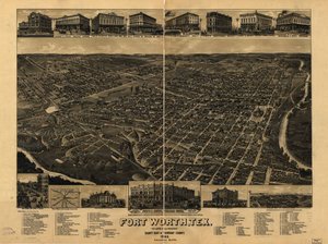 Kaart van Fort Worth (niet op schaal). Vogelvlucht. Inclusief illustraties, index van bezienswaardigheden en kaart van Fort Worth spoorwegfaciliteiten door H. Wellge