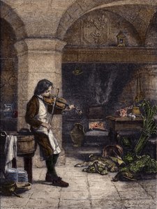 Jean Baptiste Lully (Giovanni Battista Lulli) (1632-1687), Franse componist, toen galopin of marmiton door Mademoiselle de Montpensier. Gravure door T. Meyer-Heine naar een tekening van Hippolyte de La Charlerie (1827-1867). door H. de la (after) Charlerie