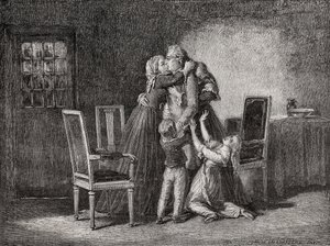 Het laatste afscheid van de koninklijke familie, 20 januari 1793, gegraveerd door Carbonneau, uit 