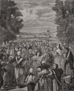 De vrouwen marcheren naar Versailles, 5-6 oktober 1789, gegraveerd door Pannemaker-Ligny, uit 