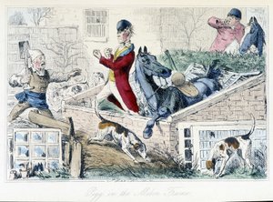 Gevecht tussen een boer en een jager. Engelse karikatuur over de vossenjacht uit de "avonturen van Thomas Scott of Hawbuck Grange", illustratie door H.K. Browne en W.T. Maud.