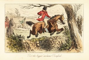 Engelse jager maakt een gevaarlijke sprong over een stenen muur onder een lage tak door after Hablot Knight Browne