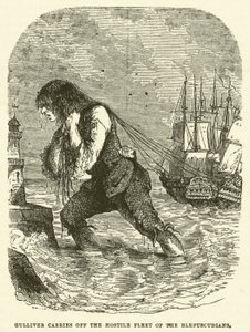 Gulliver voert de vijandige vloot van de Blefuscudians weg (gravure) door after Hablot Knight Browne