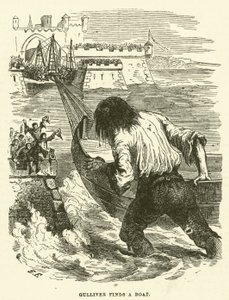 Gulliver vindt een boot (gravure) door after Hablot Knight Browne