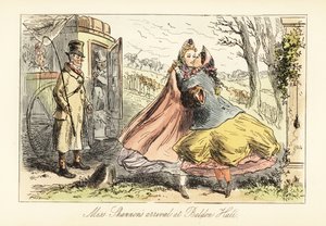 Dames in crinolines omhelzen elkaar voor een poort door after Hablot Knight Browne