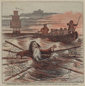 Peter Wilkins, reizend van het Vliegende Eiland, wordt opgepikt bij Kaap Hoorn door het schip "Hector" door after Hablot Knight Browne