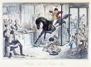 Paardenjager die per ongeluk een stoffenwinkel binnenkomt. Engelse cartoon over jagen uit "avonturen van Thomas Scott of Hawbuck Grange" illustratie door H.K. Browne en W.T. Maud.