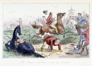 Jager valt van zijn paard. Engelse cartoon uit de avonturen van Thomas Scott of Hawbuck Grange", illustratie door H.K. Browne en W.T. Maud.