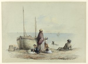 Familie op een strand door Hablot Knight Browne