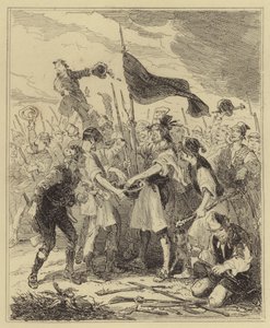 Relschoppers baden de handen van hun vaandeldrager in bloed door Hablot Knight Browne