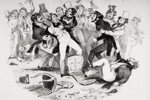 De laatste ruzie tussen Sir Mulberry en zijn leerling, illustratie uit `Nicholas Nickleby