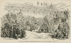 De haast naar omnibussen bij het zuidoostelijke spoorwegstation, London Bridge door Hablot Knight Browne