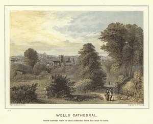 Wells Kathedraal, noordoostelijk uitzicht op de kathedraal vanaf de weg naar Bath door Hablot Knight Browne