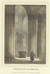 Winchester Cathedral, uitzicht over het schip met zicht op het front en het monument van Wykeham