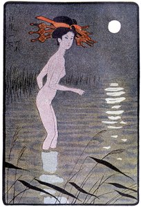 Jonge Japanner badend in een vijver in het maanlicht - in "Japanse pop" door Félicien Champsaur, ill. Hanafusa Itcho, Parijs