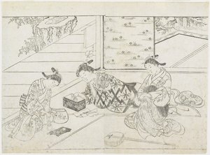 Drie prostituees in een kamer, vroege jaren 1770 door Hanabusa Shigenobu