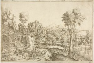 Landschap met een wijngaard, in het midden een wagen geladen met palen