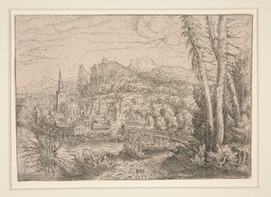 Uitzicht op een stad bij een rivier door Hanns Lautensack