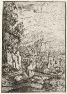 Landschap met een weg naar een kasteel op een eiland in een rivier, 1554