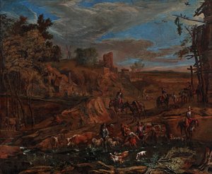 Herfstlandschap met doorwaadbare plaats en vee door Hans (Johann Baptist) Graf
