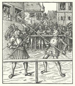 Aartshertog Maximiliaan van Oostenrijk vechtend te voet met een hellebaard (gravure)