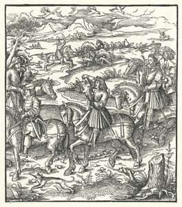 Aartshertog Maximiliaan van Oostenrijk op Reigerjacht door Hans (after) Burgkmair