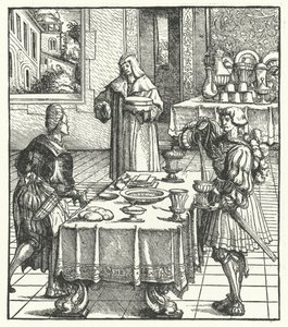 Aartshertog Maximiliaan van Oostenrijk leert de culinaire kunsten (gravure) door Hans (after) Burgkmair