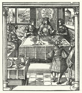 Aartshertog Maximiliaan van Oostenrijk bezoekt zijn toekomstige vrouw, Maria van Bourgondië, en haar moeder, Isabella van Bourbon door Hans (after) Burgkmair