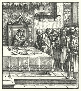 Aartshertog Maximiliaan van Oostenrijk schrijft brieven (gravure) door Hans (after) Burgkmair