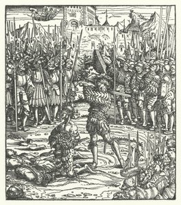 Executie van de leiders van een opstand tegen de heerschappij van aartshertog Maximiliaan van Oostenrijk in Vlaanderen door Hans (after) Burgkmair