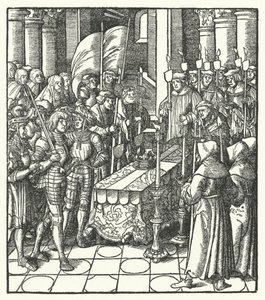 Koning Lodewijk XII van Frankrijk naast de kist van zijn voorganger, koning Karel VIII