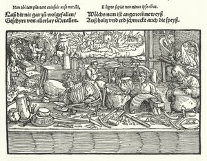 De Koperslager (gravure) door Hans (after) Burgkmair