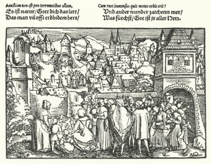 De aardbeving (gravure) door Hans (after) Burgkmair
