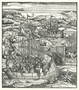 De Heilige Roomse Keizer Maximiliaan I met zijn vloot in La Spezia, Italië door Hans (after) Burgkmair
