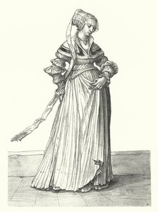 Kostuum van een vrouw uit Basel (gravure) door Hans (after) Holbein the Younger