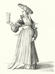 Kostuum van een vrouw uit Basel (gravure) door Hans (after) Holbein the Younger