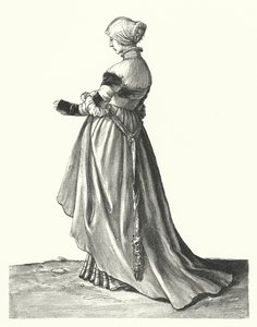 Kostuum van een vrouw uit Basel door Hans (after) Holbein the Younger
