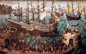 Inscheping van Hendrik VIII in Dover op de galjoen Henri Grace a Dieu ter gelegenheid van het verdrag met François I op 7/06/1520 door Hans (after) Holbein the Younger