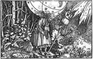 Oude vrouw (heks of fee) aan het spinnen door Hans (after) Holbein the Younger