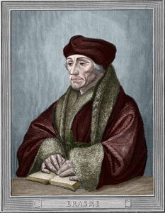 Portret van Didier Erasme (Erasmus van Rotterdam) (1469 - 1536), Nederlandse humanist. Gravure naar het origineel van Holbein Hans de Jonge (1497-1543). Gravure uit 1859 in 
