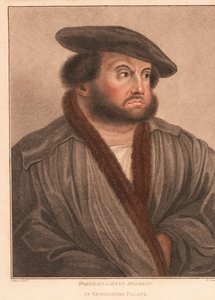 Zelfportret van de kunstenaar Hans Holbein in Kensington Palace.,1812 (gravure) door Hans (after) Holbein the Younger