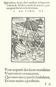 De zeeman in een storm (gravure) door Hans (after) Holbein the Younger