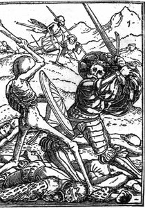 De schijnbare dood van Hans Holbein de Jonge: de soldaat. Een soldaat vecht tegen de Dood; aan hun voeten liggen de lichamen van andere krijgers. Gravure.