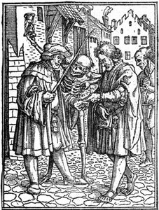 De schijnbare dood van Hans Holbein de Jongere: de advocaat (gravure) door Hans (after) Holbein the Younger