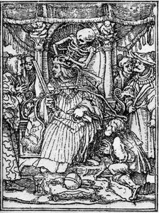 De simulaties van de dood van Hans Holbein de Jonge (1497-1543): de keizer. Terwijl de Dood de kroon van de keizer wegneemt, smeekt een boer hem om gerechtigheid. Gravure