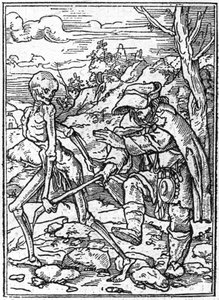 De simulacra van de dood van Hans Holbein de Jongere (1497-1543): de blinde. De dood grijpt de stok van de blinde en fungeert als gids. Gravure.