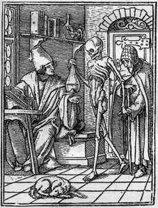 De simulaties van de dood van Hans Holbein de Jonge: de dokter. De Dood komt tussen de dokter en zijn patiënt. Gravure.
