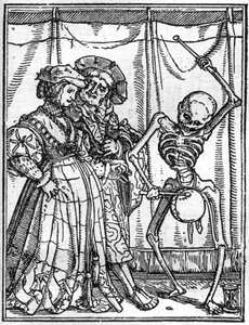 De simulacra van de dood van Hans Holbein de Jongere (1497-1543): de echtgenoten. De dood speelt de trommel voor een echtpaar. Gravure.