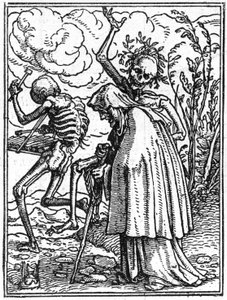 De simulacra van de dood van Hans Holbein de Jongere (1497-1543): de oude. De dood vergezelt een oude dame naar haar bestemming. Gravure.