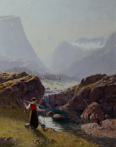 Meisje met emmers water en jongen die vist